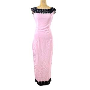 Coquette Lace Column Pink Maxi Dress Black Lace Trim Gothic Romantic Size Small
